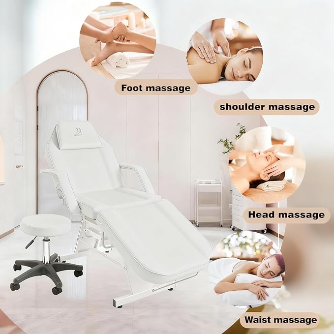 Facial Chair, Tattoo Chair Massage Bed with Hydraulic Stool for Professional Massage Facial Lash Beauty Spa, White