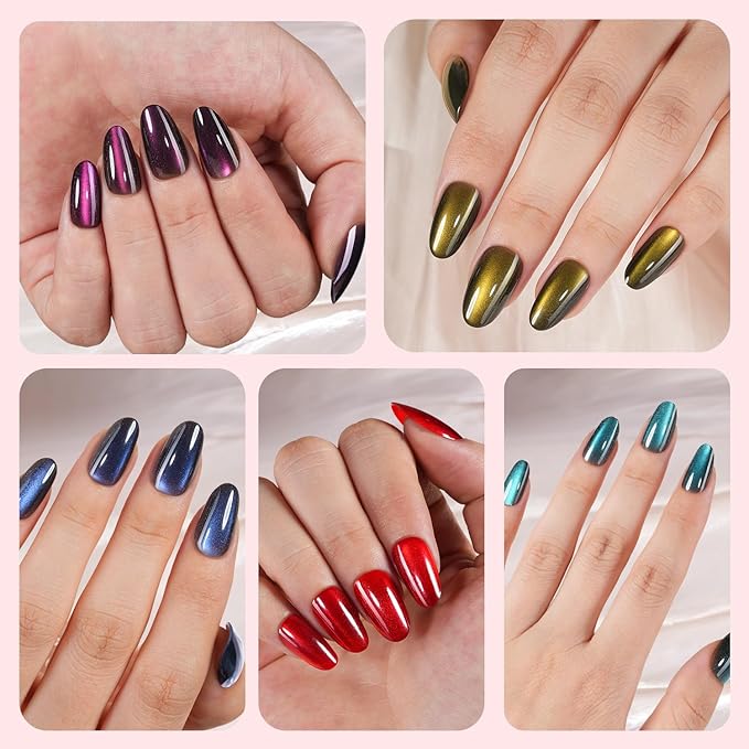 Cat Eye Press on Nails, 300Pcs Short Oval Cat Eye Nail Tips, Glossy Glitter Soft Gel Fake Nails for Women and Girls Stick On Nails in 15 Sizes