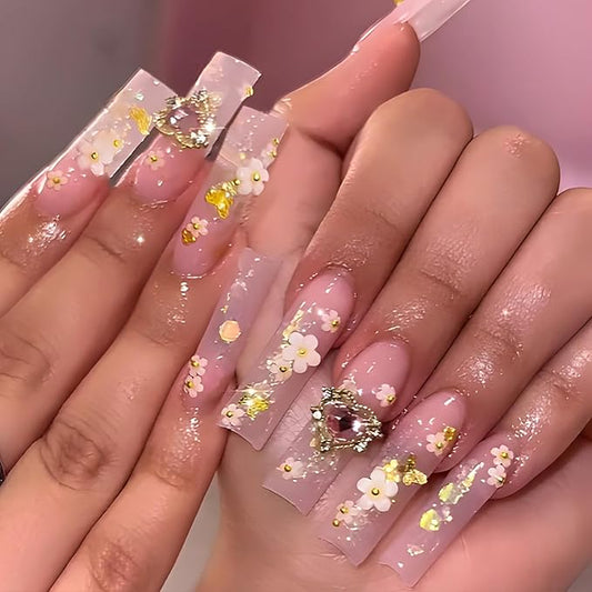 24Pcs 3D Flower Press on Nails Long Square Fake Nails with Gold Pink Heart Rhinestones Design Cute Handmade False Nails Full Cover Artificial Glue on Nails Spring Summer Stick on Nails for Women DIY