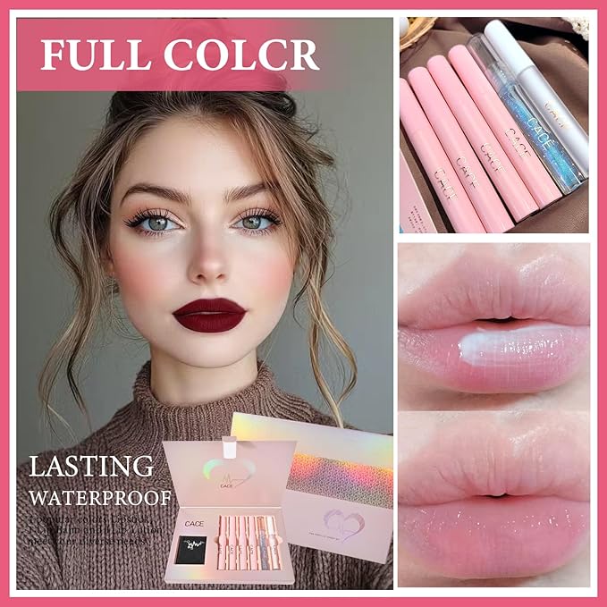 Makeup Set for Women, 7 Pcs Gift Box Set Include Matte Lipstick, Lip Balm, Lip Lotion and Necklace, Easy to Match with Different Makeup looks, Christmas Makeup Set Gift for Girls-02