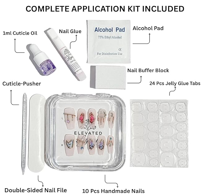 Large-Butterfly Dreams Fake Nails Press-On Manicure Kit for Women | French Tip 10 Nails | Nail Glue, Dual Nail File, Cuticle Stick, Buffer Block | Measure Before Ordering