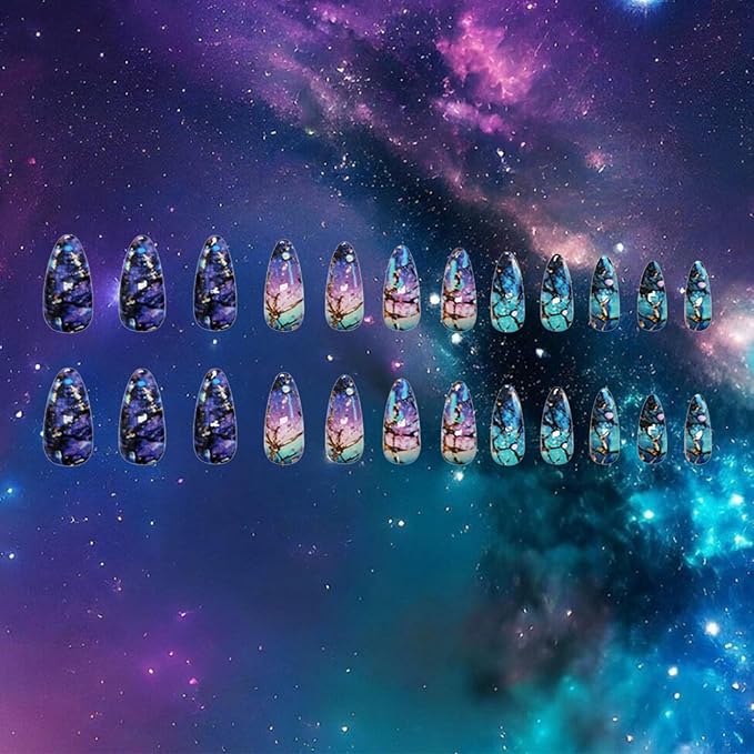 24Pcs Milky Way Press ons Fingernails Starry Sky Press on Nails Glossy Blue Gradient Medium Almond False Nail Curve Gel Glue on Acrylic Fake Nails Purple Ombre Stick on Nail for Holiday Manicure Art