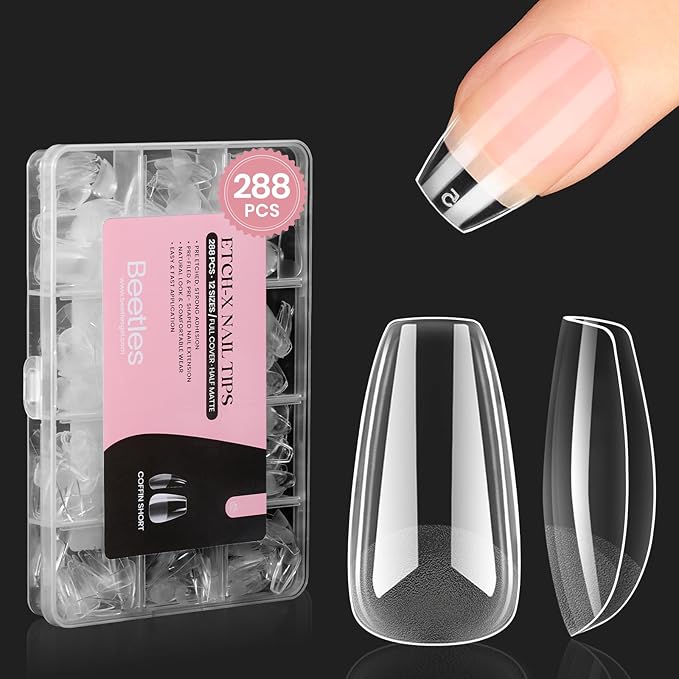 Beetles Gel Nail Tips Short Coffin Pre-Etched Nail Tips, 12 Sizes 288 Pcs Full Cover Soft Tips Half Matte False Nails Clear Acrylic Press on Nails Extension DIY Manicure Gifts for Women