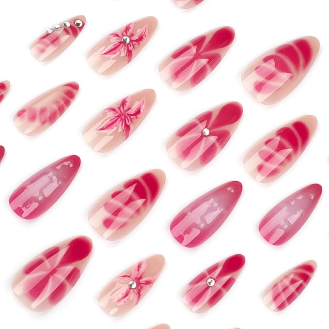 24Pcs Flower Press on Nails Medium Almond Fake Nails with 3D Spring Floral Rhinestones Design Pink Blooming Ombre Acrylic Nails False Nails Blush Gradient Full Cover Glue on Nails for Women