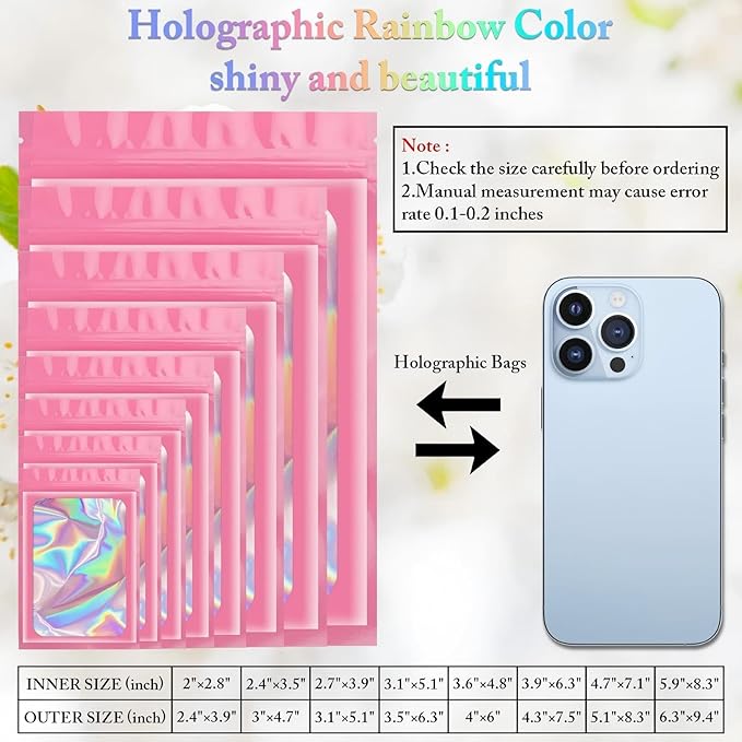 ANZNKU 100 Pack Mylar Bags Reasealable Holographic Bags, Smell Proof Bag Zipper Pouches with Clear Window, Jewelry Candy Sealable Bag for Packaging Sample Party Favor (Pink, 7.1 x 10.2 Inch)