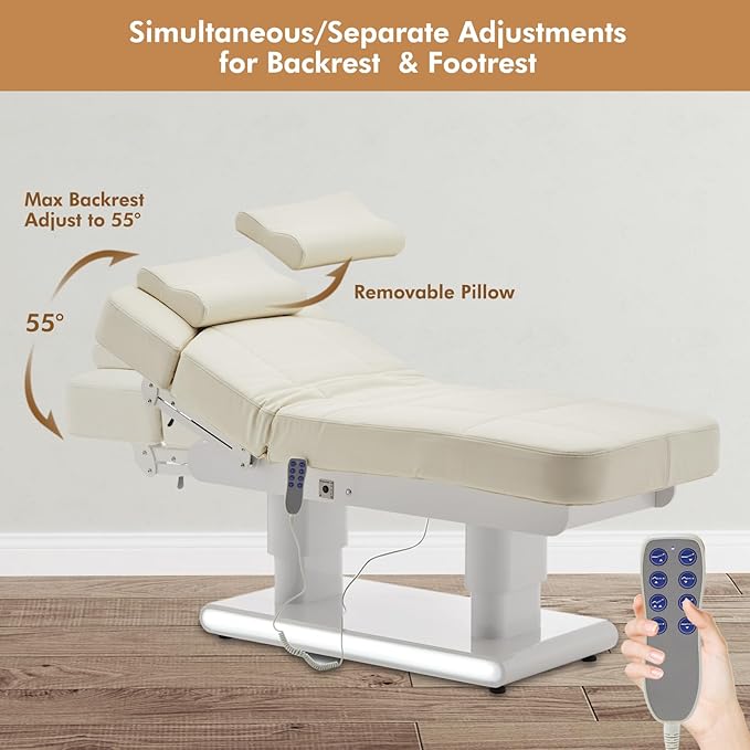 3 Motor Full Electric Spa Facial Beauty Bed Tattoo Medical Treatment Table Aesthetic Chair with Thermal Heated & Armrest for Salon Esthetician Doctor Podiatry