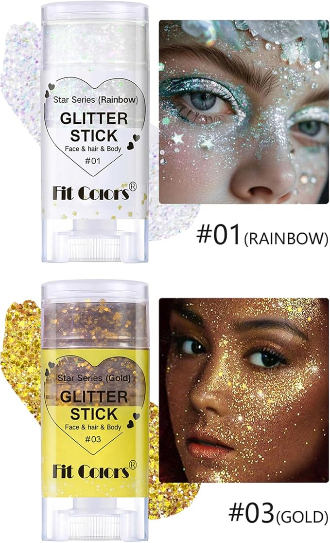 2 Pcs Silver Body Glitter Stick, Mermaid Glitter Gel Long Lasting Shimmer Hair Eyeshadow Face Body Glitter Concerts Music Festivals Halloween Sparkle Makeup for Women and Kids(Silver/Gold)