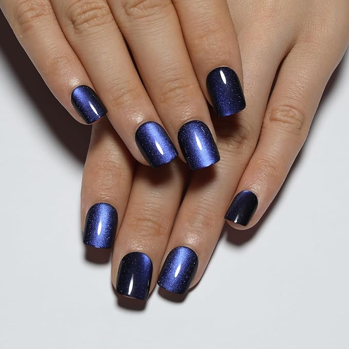Dark Blue Press On Nails Square – Short Cat Eye Fake Nails with Color-Shifting Glow, Reusable Stick On Nails, 15 Sizes, 30 Nail Kit with Glue, Thick Glue On Nails for Women, M1-Midnight Mirage