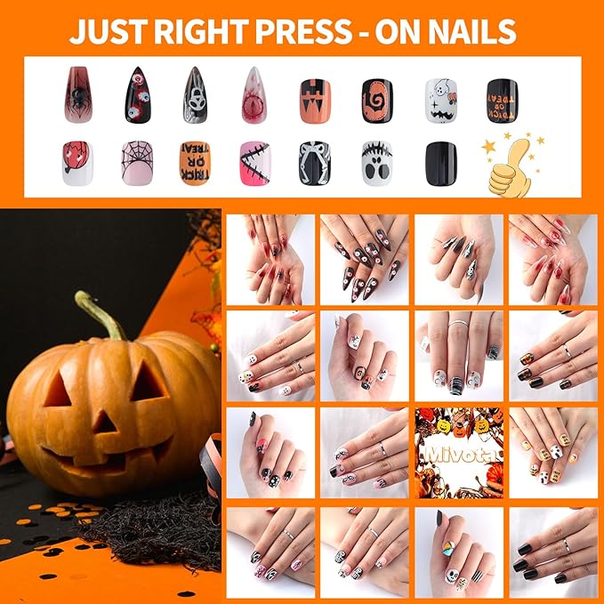 Halloween Coffin Press On Nails Medium Long, Blood Red Ombre Fake Nails with 3D Spider Embellishments, Blood Drip Effect & Haunted Castle Patterns Reusable fall Glue on Nails Kit for Women