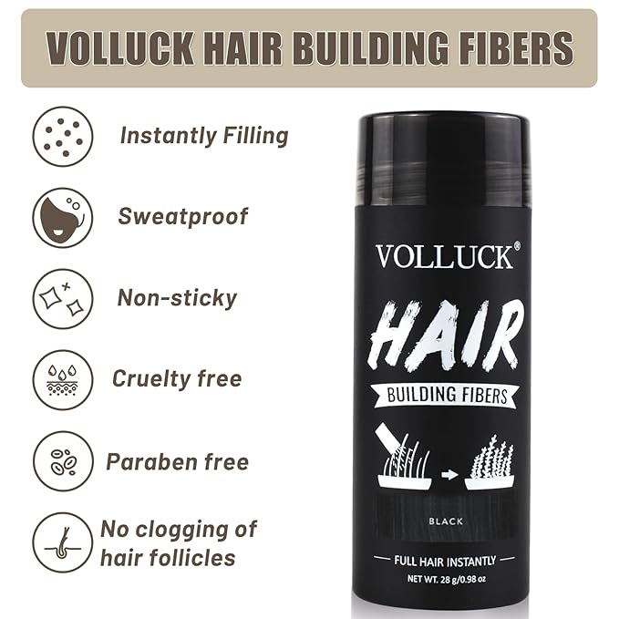VOLLUCK Hair Fibers for Thinning Hair, Instant Coverage Hair Building Fibers for Women and men, Natural Hair Powder for Conceal Hair Loss 28 g*2 (Black, 2 PCS)
