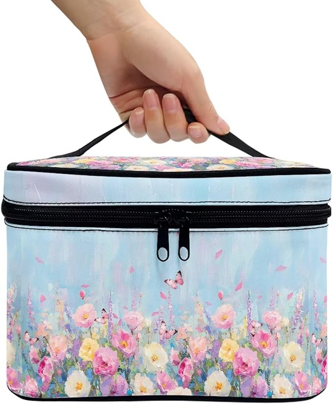 Butterfly Vibrant Rose Floral Print Travel Makeup Bags for Women Portable Tote Cosmetic Case with Carry Handle Toiletry Accessories Storage Organizer Bags