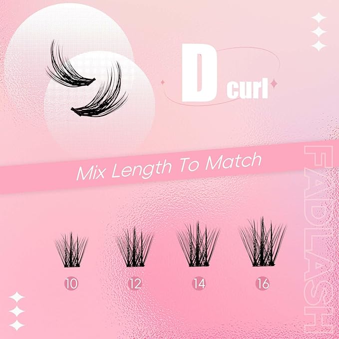 FADLASH Lash Clusters Kit Individual Lash Extensiones Wispy Faux Mink 10-16mm DIY Eyelash Extension Kit Eyelash Clusters Lashes with Bond and Seal and Remover Lash Tweezer for Self Use（AD17-D-10-16)
