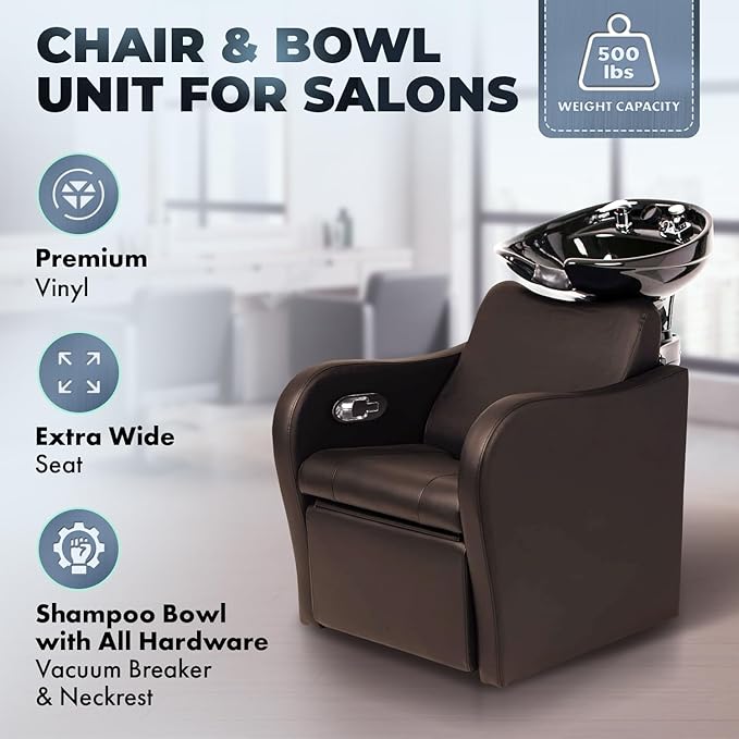 Buy-Rite Lexus Backwash Unit – Espresso Salon Shampoo Chair with Tilting Porcelain Bowl, Extra Wide Seat, Kick-Out Leg Rest, European-Style Faucet, Model TS-8018B