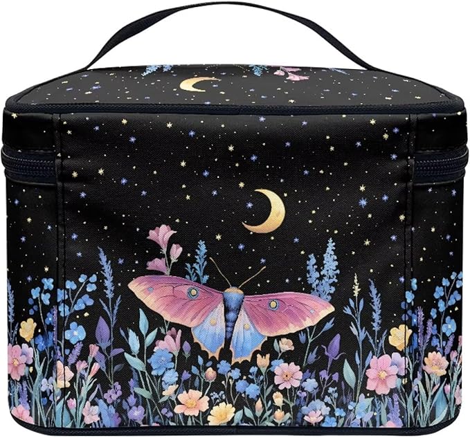 Butterfly Floral Moon Starry Night Print Travel Makeup Bags for Women Portable Tote Cosmetic Case with Carry Handle Toiletry Accessories Storage Organizer Bags
