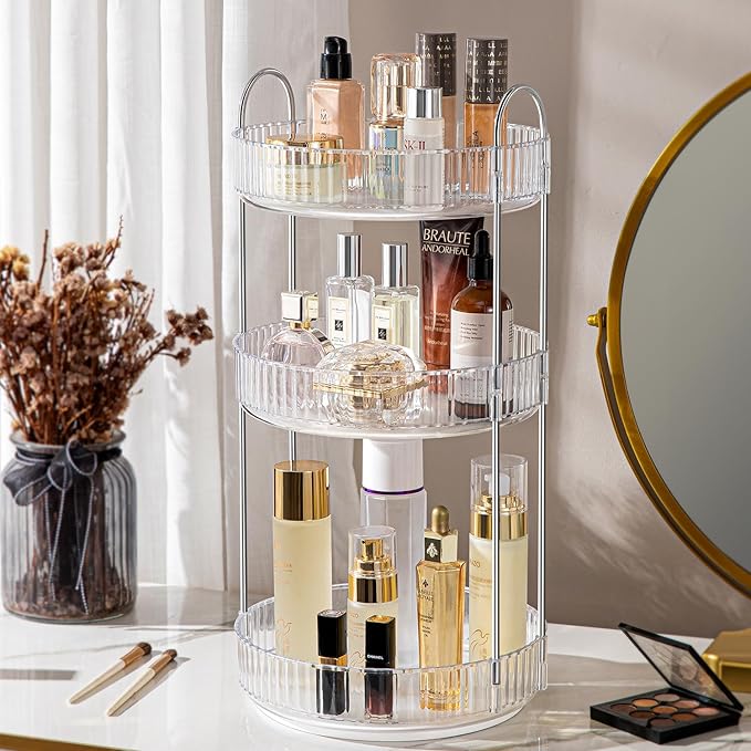 360° Rotating Makeup Organizer for Vanity, Spinning Cosmetics Organizer Holder Rack, Large Capacity Bathroom Organizer Countertop, Fits Perfume, SkinCare, Makeup Brushes 3 Tiers, Transparent