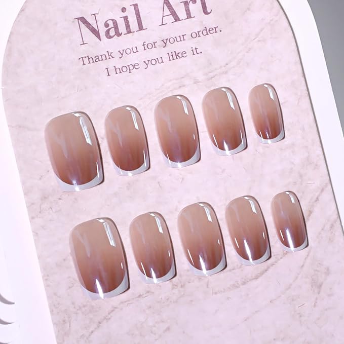 Square Ombre Press On Nails, French Press On Nails Medium Nude Brown Chrome Fake Nails with Classic White French Tip and Glossy Gel Finish, Reusable French Glue On Nails Kit for Women