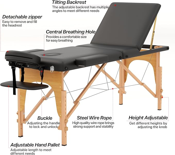 Massage Table Massage Bed, Portable 3 Section Foldable Tattoo Bed, Height Adjustable Lash Spa Bed with Face Cradle, Home Light Weight Facial Salon Bed with Wood Frame, Black