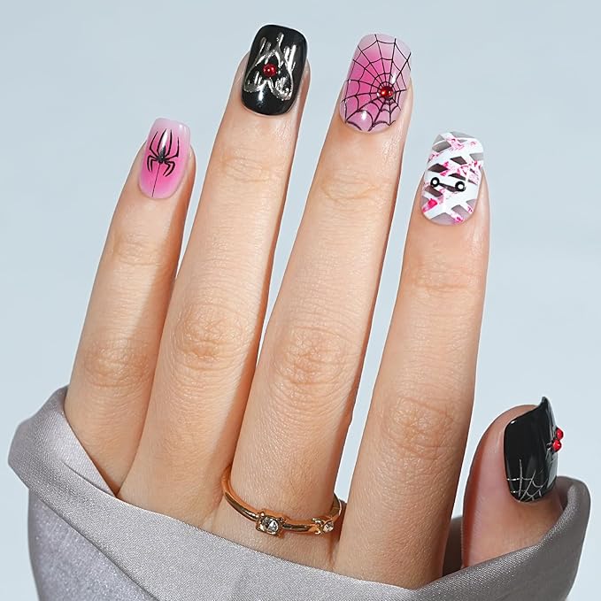 Halloween Press On Nails Short - Mummy’s Crypt,Black Press On Nails Halloween with Spider Web, Acrylic Square Glue On Nails with Nail Glue, Stick On Nails in 16 Sizes - 32 PCS Soft Gel Kit