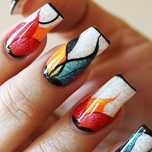 Black French Tips Press on Nails Curve Line Stick on Nails Medium Square Acrylic Full Cover False Nails Glossy Colorful Glitter Fake Nails 24Pcs Fire Pattern Gel Glue on Nails for Coquette Women Girls