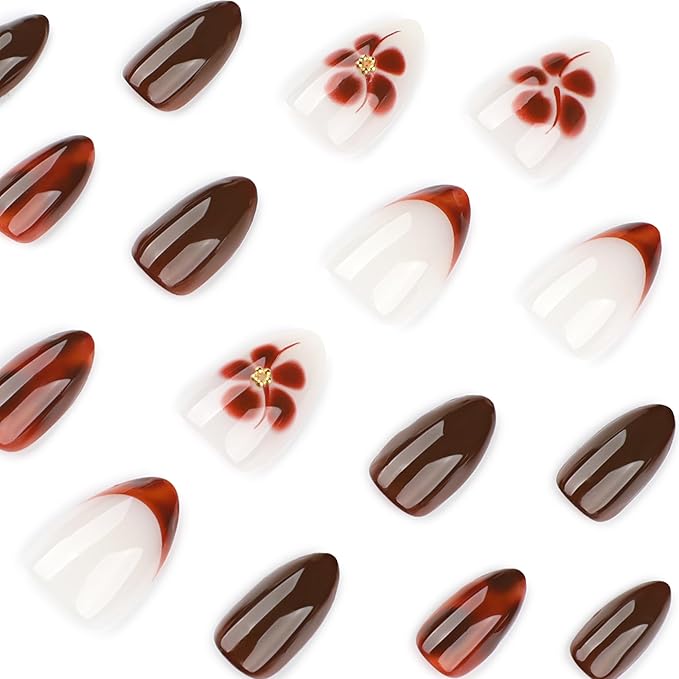 Deep Brown Almond Press On Nails Short, Fall Fake Nails with 3D Floral & Gradient Detail, Glossy Gel Finish Acrylic Nails, Fall Reusable Glue On Nails Kit for Women, 24Pcs