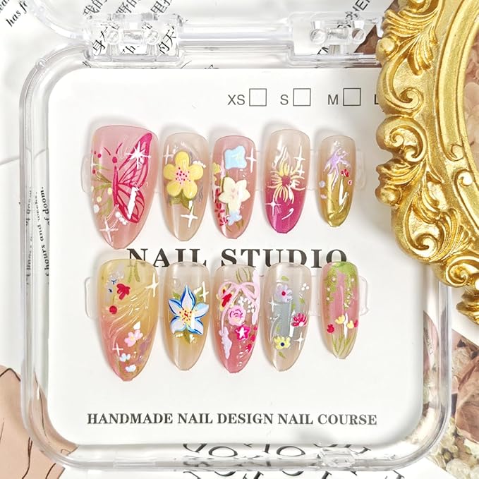 24Pcs Flower Press on Nails Medium Almond Fake Nails Colorful Flowers Bow Butterfly with Rhinestones Designs Full Cover Cute Stick on Nails Summer False Nails for Women Girls Artificial Acrylic Nails
