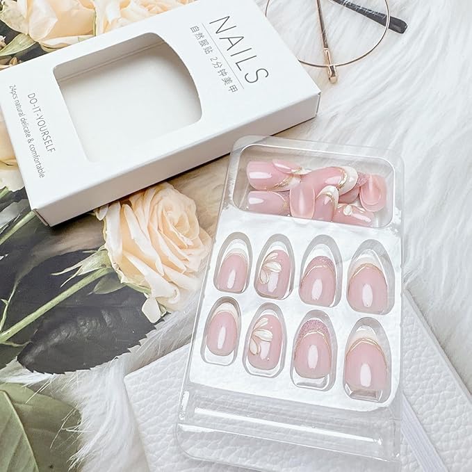 24Pcs Almond Press on Nails Short Length White French Tip Fake Nails with Glitter Designs Gold Line Flower Acrylic Nails Full Cover Spring False Nails White Floral Stick on Nails for Women Nail Decor