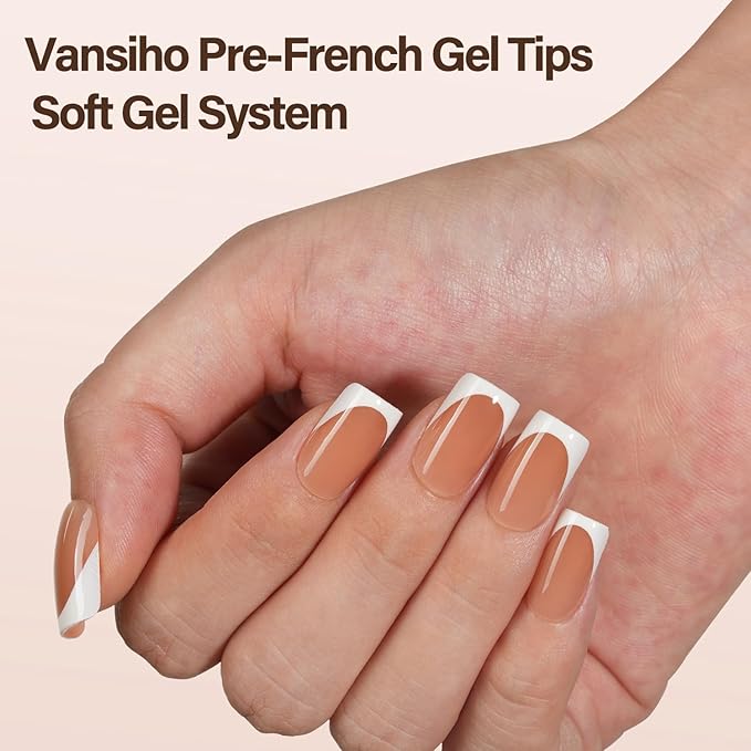 150Pcs French Gel Nails, Vansiho French Tip Press on Nails Brown, Short Square Soft Gel Nails Tips, Acrylic Fake Nails for Nail Art DIY 15 Sizes