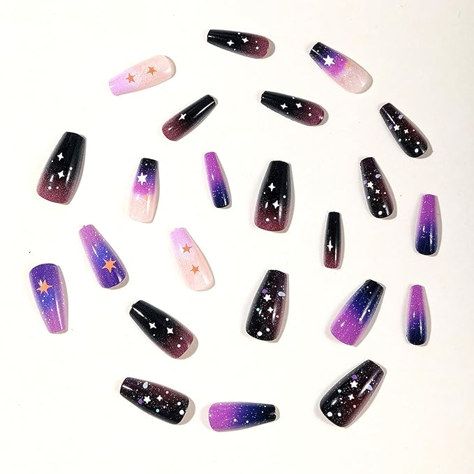 Starry Sky Acrylic Full Cover Fake Nails 24Pcs Milky Way Press on Nails Glossy Purple Gradient Medium Coffin False Nail Universe Gel Glue on Fingernails Gold Stars Stick on Nail for Holiday Manicure