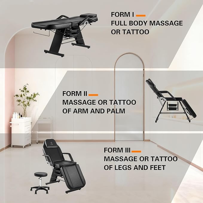 Tattoo Chair Adjustable,Facial Chair Multipurpose 73 Inch Spa Facial Bed with Massage Equipment Stool for Beauty Spa Tattoo, Black