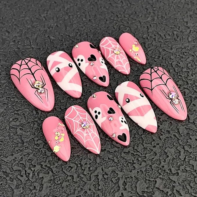 30Pcs Halloween Press on Nails Medium Almond Fake Nails with Cute Ghost Spider Web Mummy Design Pink Glitter Rhinestones Stick on Nail Spider False Nails Full Cover Artificial Glue on Nails for Women
