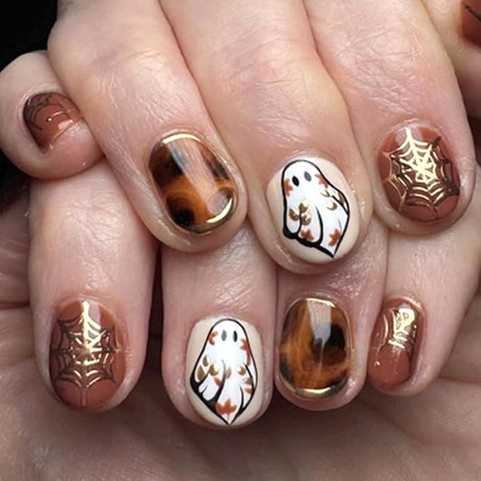 Halloween Press on Nails 3D Gold Spider Web Fake Nails Short Square False Nail with Cute Ghost Designs Brown Glossy Acrylic Nail Fall Glue on Nails for Women Holiday DIY Manicure Kit