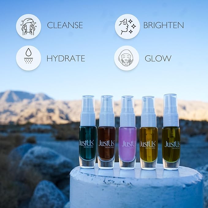 JustUs Skincare Mini Kit – 5 Piece Anti-Aging Travel Set for Hydration, Firmness, Brightening + Glow — Includes Free Travel Case | $115 Value