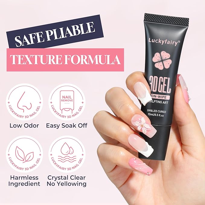 3D Gel Nail Art: 4 in 1 3D Nail Sculpting Gel for Molding, Drawing, Chrome Powder, Rhinestone Charms Glue, No Wipe Clear for DIY Fall Christmas Nail Art at Home, Lamp Curing Needed