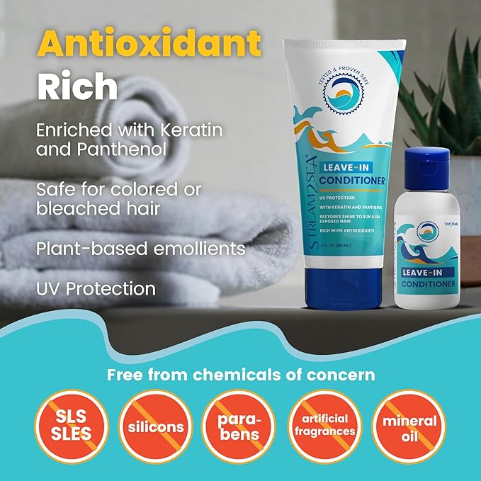 Stream2Sea Travel Size Sulfate Free Leave-In Hair Conditioner with Sun Protection, 1oz Each, Pack of 3