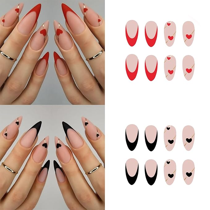 2 Packs 48Pcs Almond Press on Nails Medium Valentine's Day Fake Nails Red Black French Tip Nails Press on Heart Love False Nails Reusable Artificial Acrylic Nails for Women Girls Nails Decoration Kit