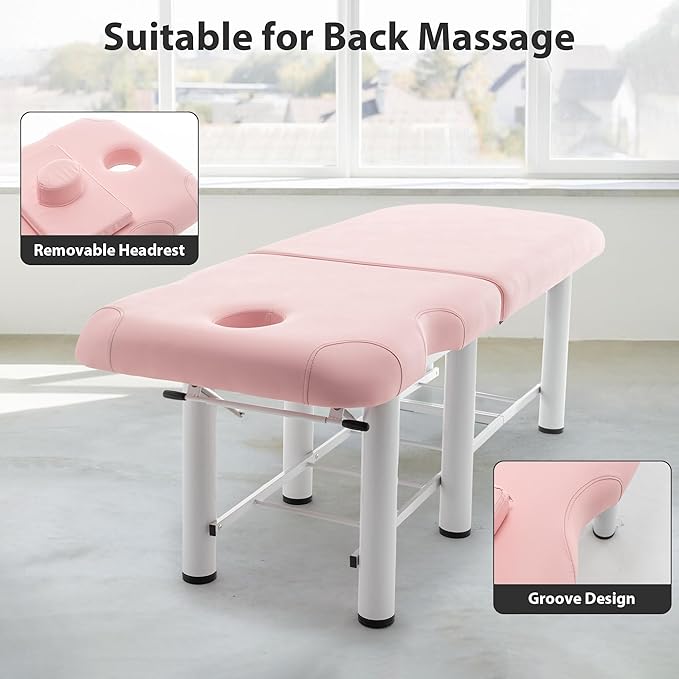 Professional Massage Table with Backrest, Faux Leather Stationary Physical Therapy Table, Metal Frame Barber Beauty Equipment, Removable Headrest Treatment Table Salon Spa Bed, Pink