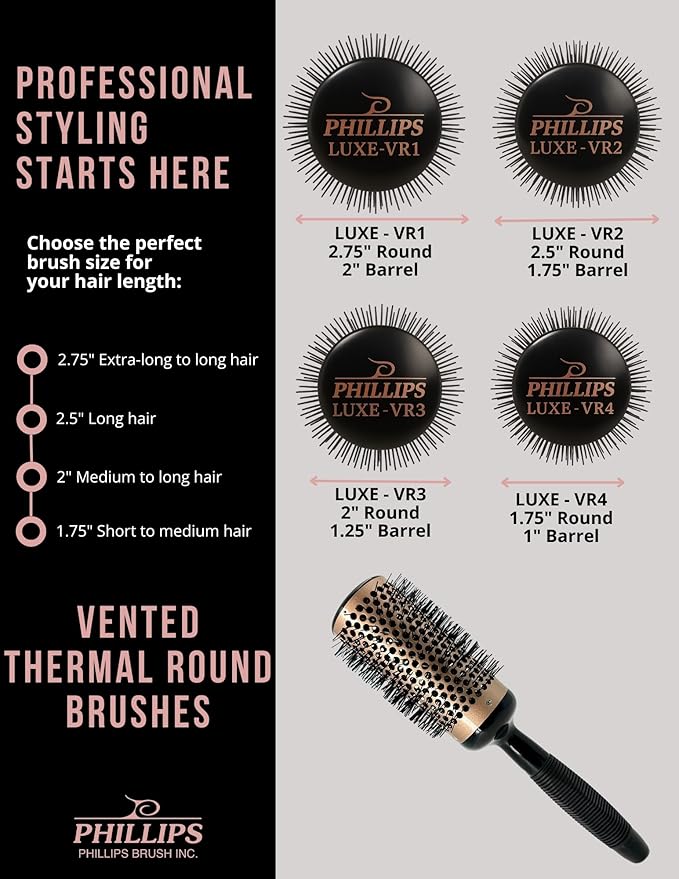 Phillips Brush Luxe Vented Thermal Round 3 Brush - 2 inch Diameter Vented Barrel Brush with Heat Retaining Aluminum Core, Sleek Rose Gold & Black Colorway