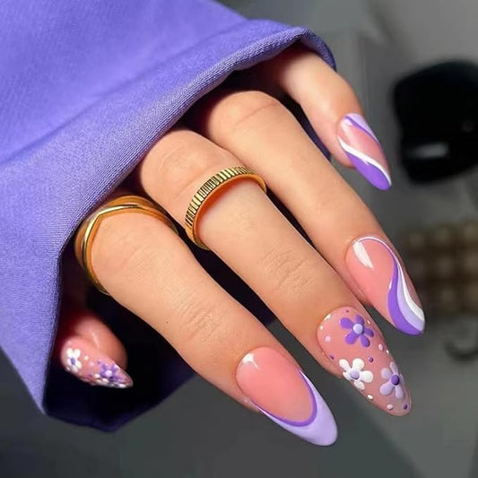 Floral Press on Nails Almond Shape Fake Nails Purple with Wave Curve Design Glossy Glue on Nails French Tip Nail Press ons Artificial Acrylic Nail Nude Stick on Nails foe Women Spring Manicure 24Pcs