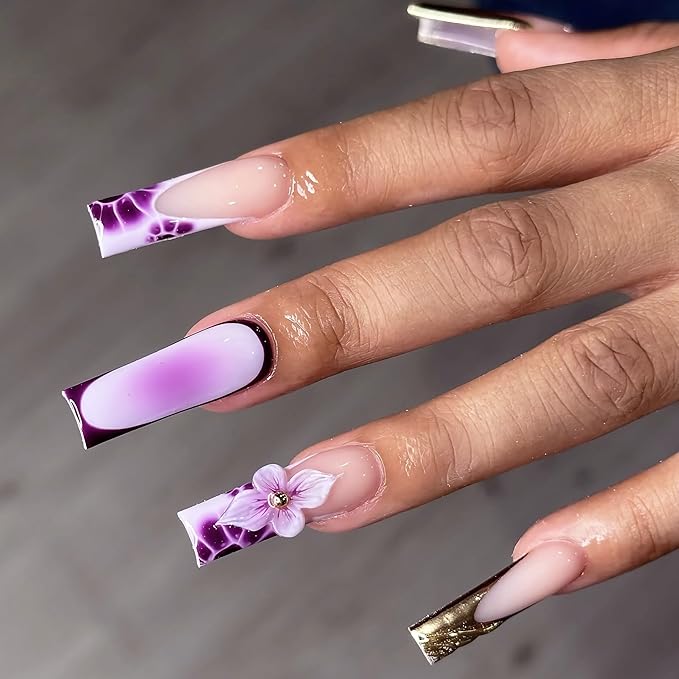 BABALAL Long Press on Acrylic Nails Square Fake Nails Purple Ombre Lavender French Tip Glue on Gold Chrome 3D Design 24Pcs Squoval Handmade Diy Full Cover Nails for Women Girls