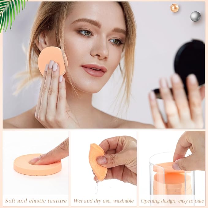 Dandat 20 Pcs Round Makeup Sponge with Acrylic Container Compact Powder Puff Cosmetic Sponge Round Foam Pad Beauty Face Makeup Foundation Powder Blender for Wet and Dry Dual Use(Skin Color)