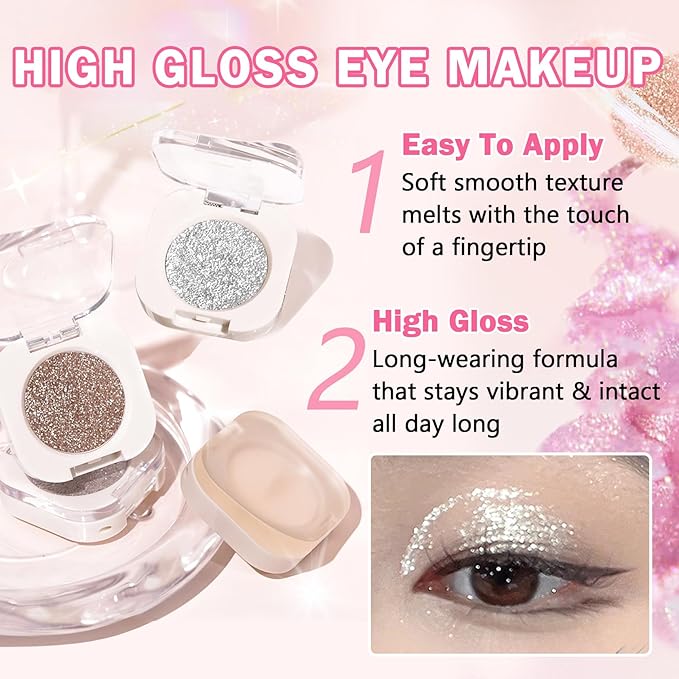 Glitter Champagne Pearl and Metallic Silver Single Eyeshadow,Ultra Fine Shimmer Eyeshadow Lightweight Sparkling Blendable Formula,Daily Multiuse Glossy Eyes Makeup (10 Cowboy + 12 Cold Brew)