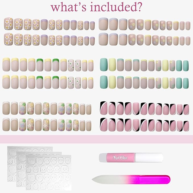 6 Packs (144 Pcs) Press on Nails Medium, Jsiallye French Tip Press on Nails with Flower Design Square, Glue on Nails in 12 Sizes - 24 Fake Nails Kit, Summer Collection Stick on Nails for Women