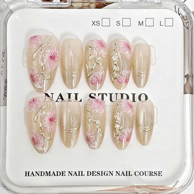 30Pcs Gold Almond Flower Glitter Summer False Nails with Cherry Blossoms Leaf Designs, Full Cover Glue on Nails, Acrylic Nail Accessories
