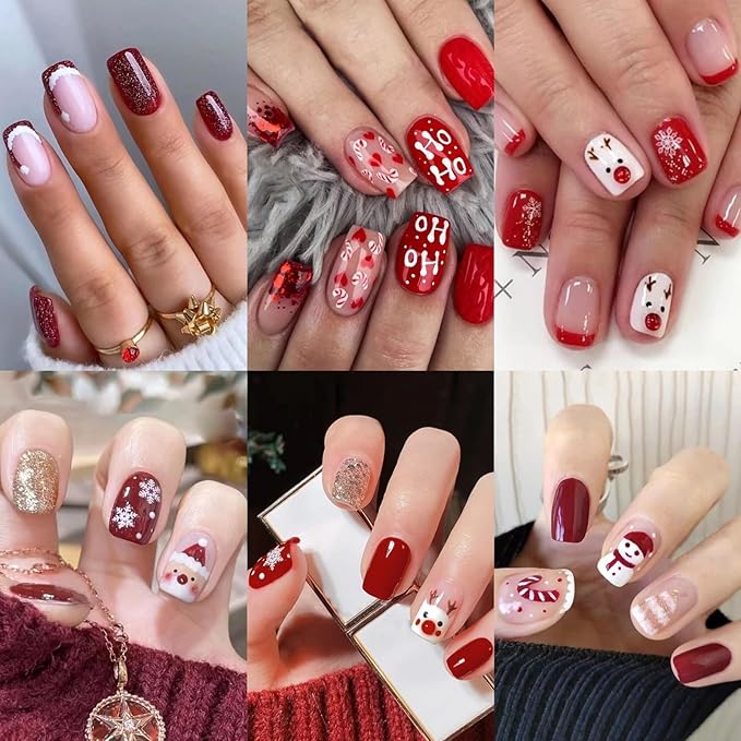 6 Packs (144 Pcs) Christmas Press on Nails - Square, Red, Short, Medium, Snowflake False Nails - Glue on, Fake, Stick on Nails for Women - 12 Sizes, 6 Styles
