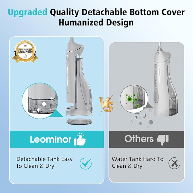 Leominor Water Dental Flosser Pick for Teeth, 300ML Portable Oral Irrigator Upgraded Tank Removable,IPX7 Waterproof, Rechargeable Travel Teeth Cleaner, Professional Electric Flossing Machine (Gray)