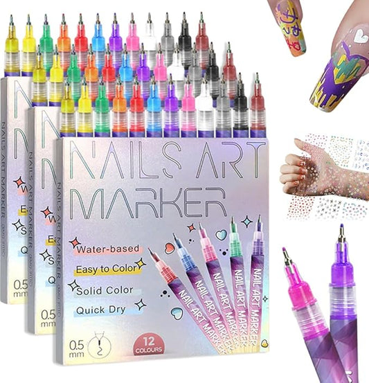 12 Colors Nail Art Pens Set, 2026 Upgraded Nail Art Markers Polish Pen Quick Dry, Acrylic Nail Art Tools for Dotting Drawing Painting Liner DIY (3 set & 30 pcs stickers)