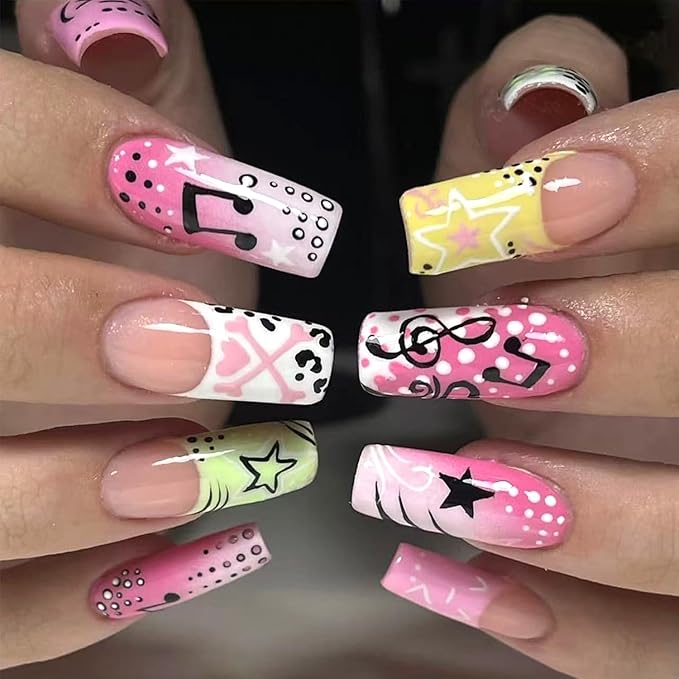 Fall French Tip Press on Nails Long Square False Nails Musical Notes Stars Design Full Cover Glue on Nail Reusable Colorful French Tip Acrylic Fake Nails Artificial Stick on Nail for Women