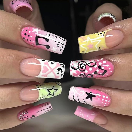 Fall French Tip Press on Nails Long Square False Nails Musical Notes Stars Design Full Cover Glue on Nail Reusable Colorful French Tip Acrylic Fake Nails Artificial Stick on Nail for Women