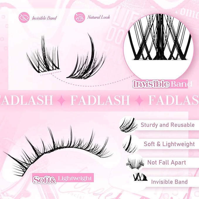 FADLASH Lash Clusters Natural Eyelash Clusters Waterproof False Eyelashes with Invisible Lash Band Comfortable and Lightweight Cluster Lashes DIY Reusable Cluster Eyelash Extensions at Home