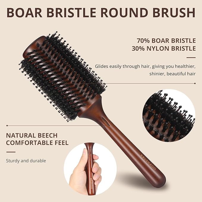 Round Boar Bristle Brush for Blow Out, Blow Drying, Straightening, Styling, 2.8in, Brown - Adds Shine & Volume for Women & Men